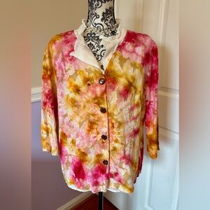 Choices women’s linen coat -Pink and Gold Tie-Dye, 3/4 sleeves, size XL